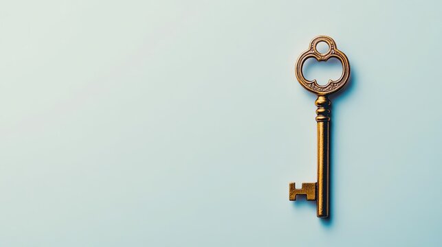 Antique golden key on a pastel blue background, symbolizing security, mystery, and unlocking potential for creativity and innovation in design