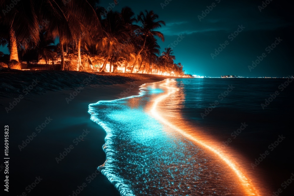 Poster a serene beach where the waves appear to transform into glowing ribbons of light, sparking creative 