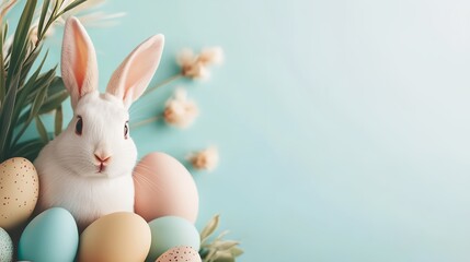 a white rabbit sitting in a pile of eggs with palm leaves and flowers around it on a blue background