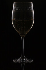 Macro shot of Champagne sparkling in a wine glass, background is blurred.