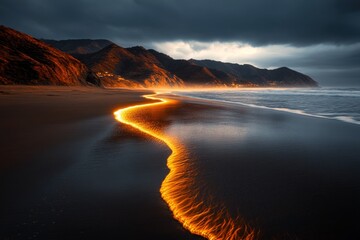Fototapeta premium A serene beach where the waves appear to transform into glowing ribbons of light, sparking creative thoughts