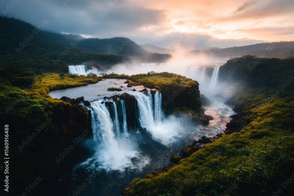 Poster a serene evening scene of iguazãº falls, with soft light and shadows creating a tranquil, dreamlike 