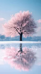 Fototapete Rund A magnificent and beautiful cherry blossom tree standing alone, with a beautiful view of the winter season © Gendar SINURO