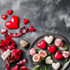 Heart-Shaped Chocolate Candy in Valentine's Decorated Background &ndash; Sweet Valentine's Day Illustration. Flat lay