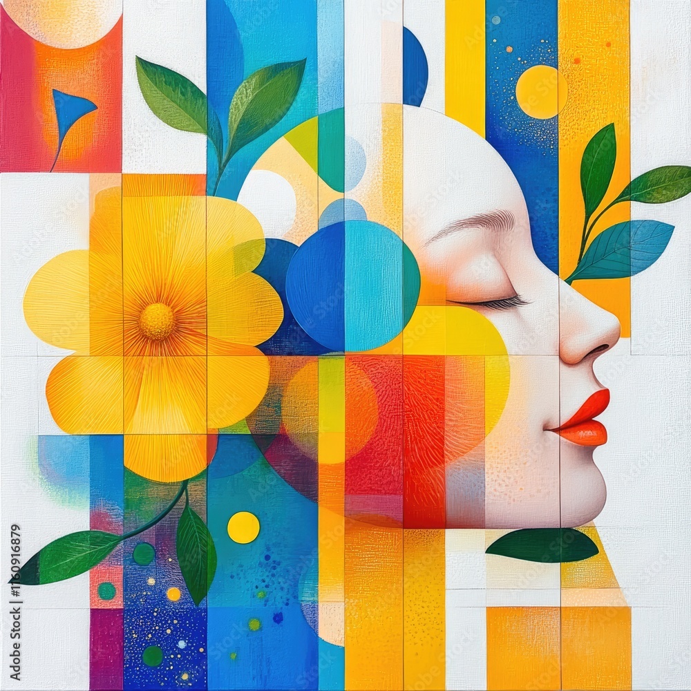 Poster vibrant abstract portrait with colorful flowers and geometric shapes featuring a serene face surroun