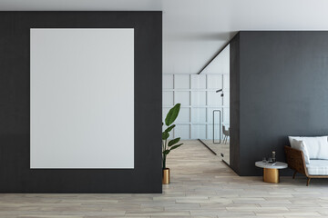 Modern office waiting area with blank white poster on black wall, light wooden floor, plant, and cozy furniture in clean interior design. 3D Rendering