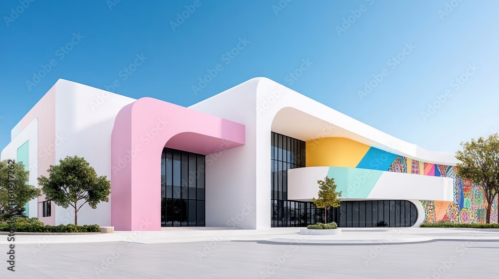 Poster modern building with colorful design and artistic elements.