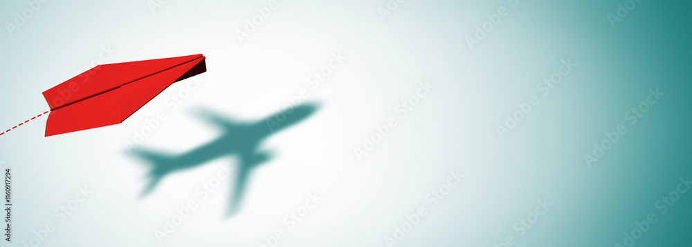 Poster Red paper plane with shadow of an airplane on gradient background. 3D Rendering