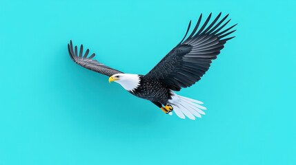 Naklejka premium A majestic eagle soaring against a vibrant turquoise background.