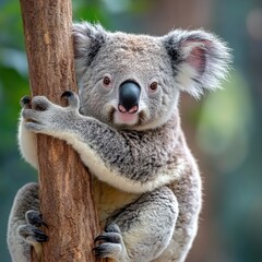 Fototapeta premium Adorable koala clinging to a tree trunk in a lush green forest setting, showcasing its soft fur and expressive features in natural daylight