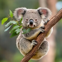 Naklejka premium Adorable koala perched on a tree branch, showcasing its fuzzy fur, bright eyes, and vibrant green eucalyptus leaves in a natural habitat setting.