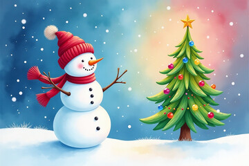 Fototapeta premium snowman stands near colorful christmas tree painted soft