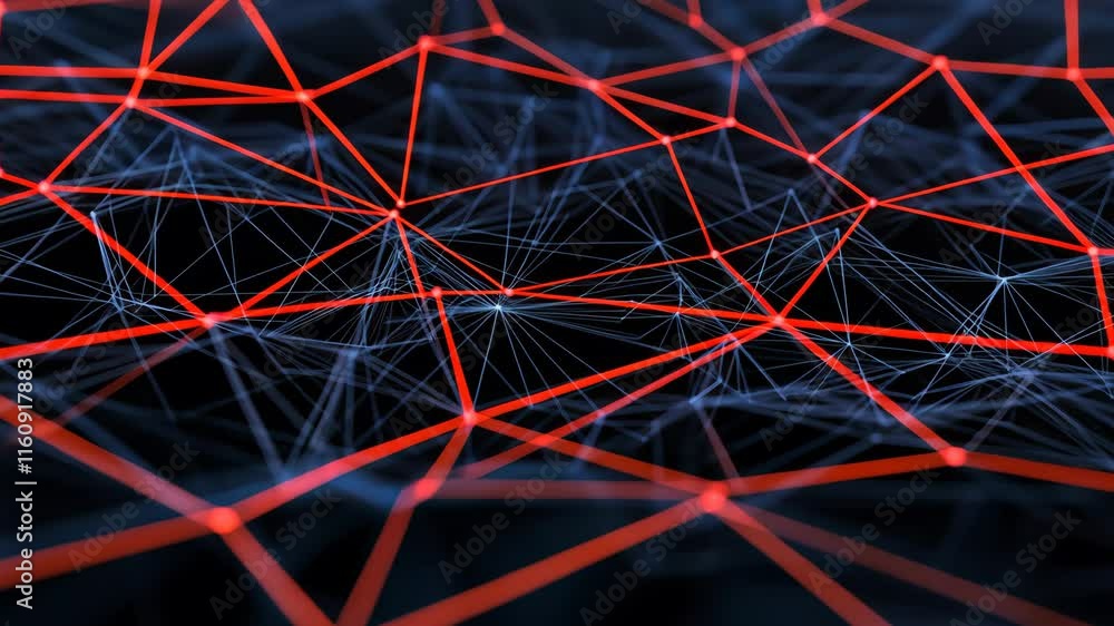 Poster abstract network visualization with red and blue connections on dark background