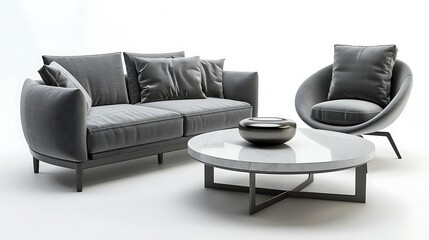 Stylish modern sofa, ergonomic chair, and clean table placed on white background