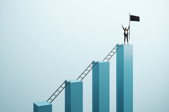 Woman standing on a peak holding a flag, symbolizing success and leadership on a staircase of growth and achievement.