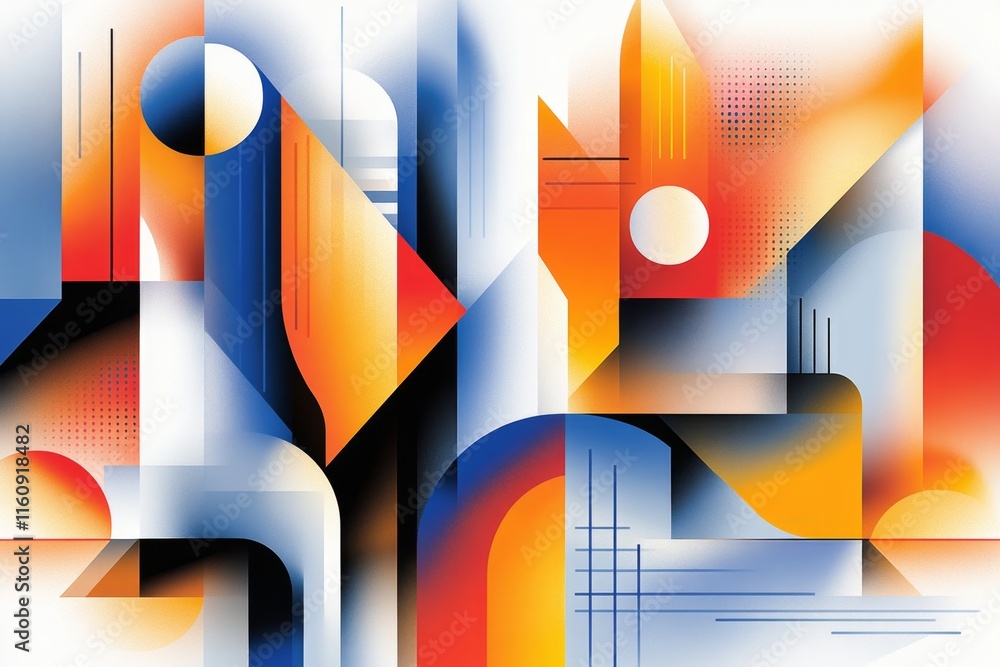 Poster a stylized geometric illustration of a city skyline at dusk, with simple blocks of color creating de