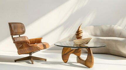 Stylish wooden chair, glass table, and plush sofa on a white background 