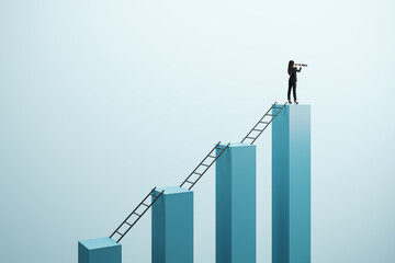 Businesswoman standing atop a bar chart holding a telescope, symbolizing vision and success.