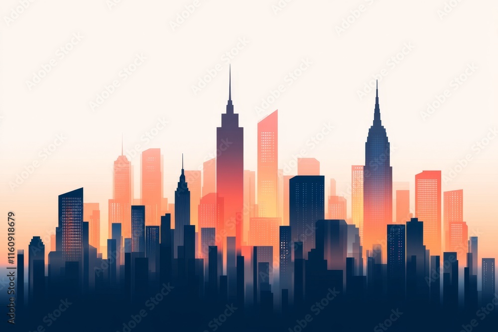 Poster a stylized geometric illustration of a city skyline at dusk, with simple blocks of color creating de