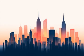 Obraz premium A stylized geometric illustration of a city skyline at dusk, with simple blocks of color creating depth