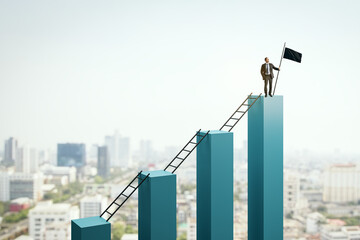 Businessman on bar graph reaching the top with ladder, symbolizing success and leadership concept...