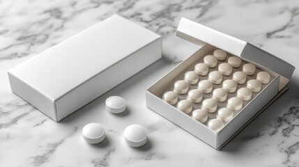 White pills in a box on marble.