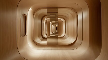 Bright contemporary hallway with round corner ,beige walls ,big mirror with warm backlighting. Wooden panels. 3D render