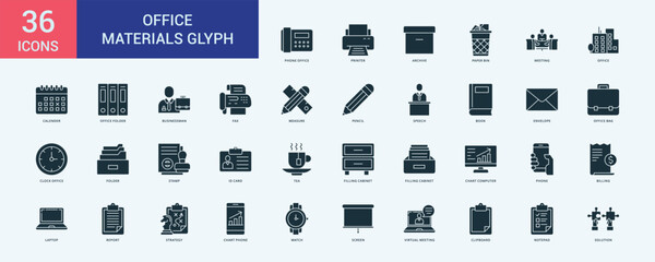 Office material icon collection set with phone office, printer, archive, paper bin, meeting, office, calender, office folder, businessman, fax, measure, pencil, speech, book, envelope, office bag, clo