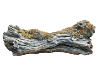 Weathered Tree Log with Moss and Textured Bark Isolated on transparent background