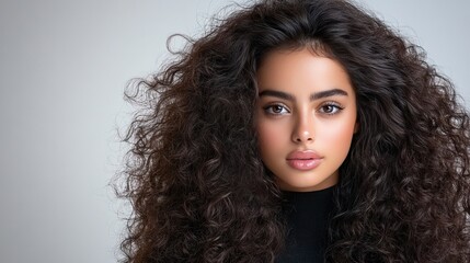 Windblown Beauty: Portrait of Curly-Haired Brunette Woman with AI-Generated Hair in Motion, Copy Space