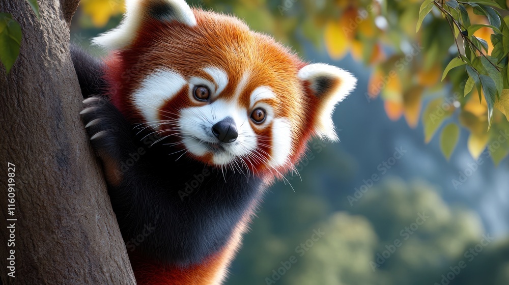 Poster a close-up of a red panda peeking from a tree branch.