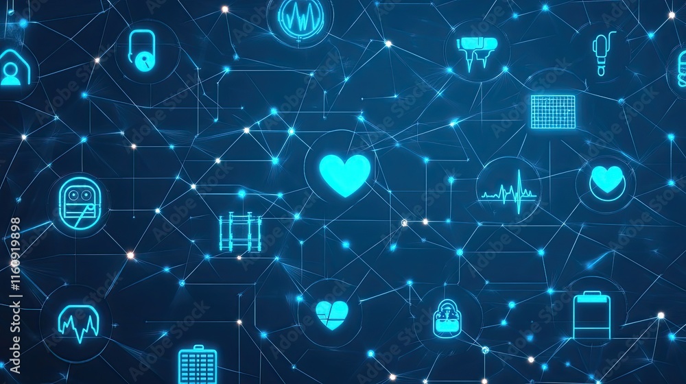 Poster futuristic digital network with heart icons and health symbols representing data connections in mode