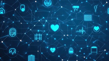 Futuristic Digital Network with Heart Icons and Health Symbols Representing Data Connections in Modern Technology Landscape