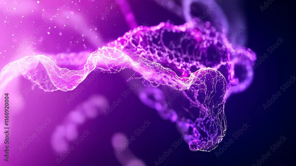 Poster abstract purple wave with light particles and glowing lines in dark background
