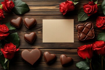 Romantic arrangement of chocolate hearts and red roses on a wooden table with a card for heartfelt messages