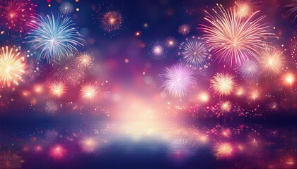Fototapeta premium Abstract holiday background with fireworks and bokeh lights; festive celebration graphic resource
