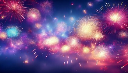Fototapeta premium Abstract holiday background with fireworks and bokeh lights; festive celebration graphic resource