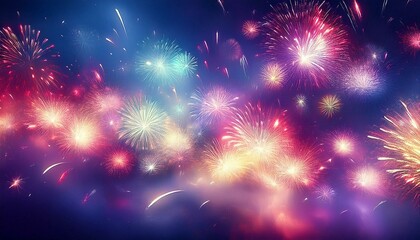Fototapeta premium Abstract holiday background with fireworks and bokeh lights; festive celebration graphic resource