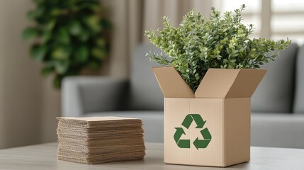 Cardboard box with recycling symbol on an elegant table, surrounded by gently used clothing in a sunny, cozy living room