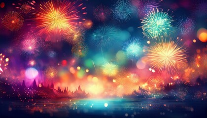Abstract holiday background with fireworks and bokeh lights; festive celebration graphic resource