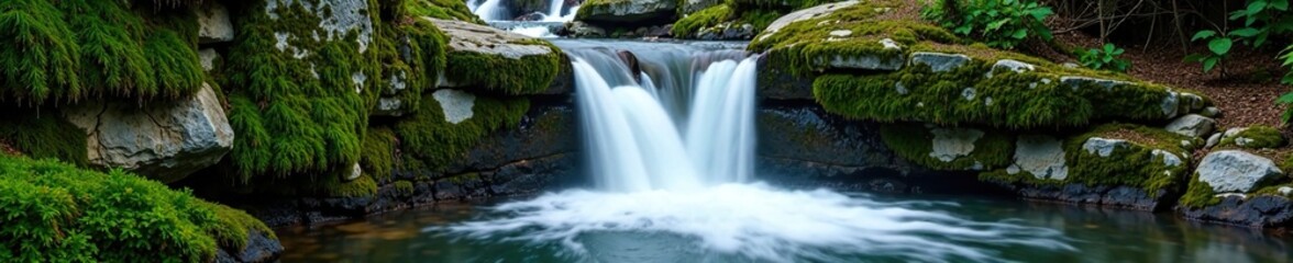 Naklejka premium Waterfall flowing over a rocky, moss-covered stone wall, moss, scenery, waterfall