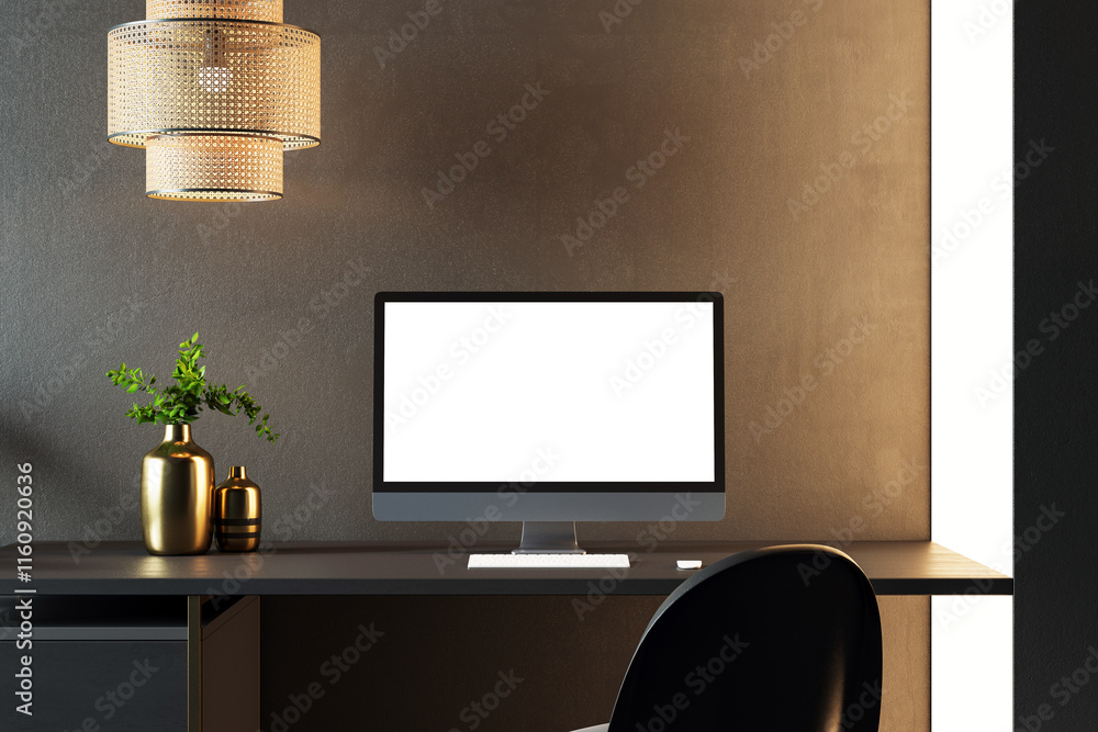 Poster Minimalist desk setup with desktop computer, keyboard, and mouse on a black desk, illuminated by a pendant lamp in a modern office room. 3D Rendering
