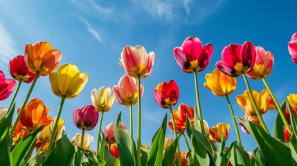 Fototapeta premium Panoramic landscape of beautiful blooming tulip field in Holland Netherlands in spring with blue sky, illuminated by the sun - Close up of Tulpis flowers backgrund banner panorama