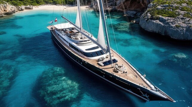 luxury white sailing yacht anchored in crystal clear turquoise caribbean waters near pristine private island paradise with sandy beach
