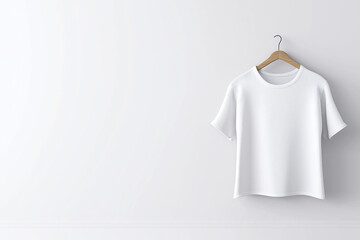 Elegant white t-shirt mockup hanging on a wooden hanger against a plain wall