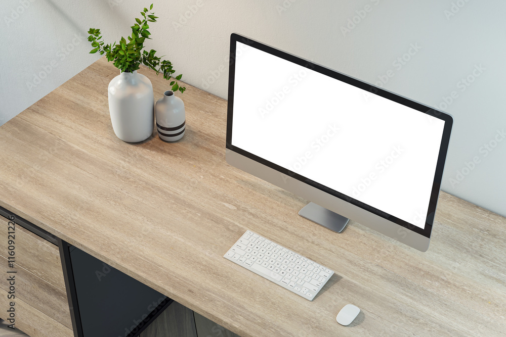 Poster minimal workspace with desktop computer, blank screen, and keyboard on a wooden desk with decorative