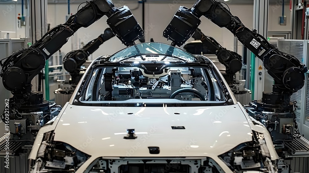 Poster automated car assembly process with robotic arms precisely installing windshields on a vehicle in a 