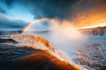 A vibrant rainbow forming over IguazÃº Falls, with the water spray catching sunlight and creating a magical effect