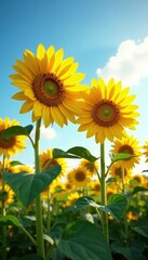Fototapeta premium Sun-kissed sunflowers with long necks stretching towards the sky, proud, yellow, sunflowers