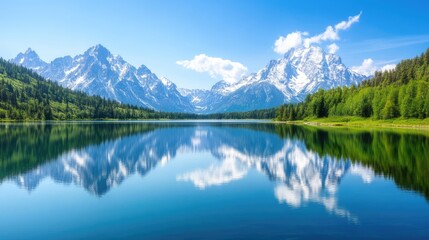 Fototapeta premium Serene Mountain Landscape with Clear Water Reflection and Snow-Capped Peaks under Bright Blue Sky and Fluffy Clouds